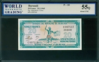 Burundi, P-10, 20 Francs, 25.2.1965, Signatures: Manirakiza/Cornu, 55Q About UNC