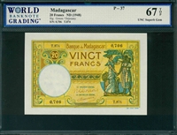 Madagascar, P-37, 20 Francs, ND (1948), Signatures: Gonon/Dejouany, 67 TOP UNC Superb Gem