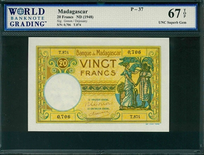 Madagascar, P-37, 20 Francs, ND (1948), Signatures: Gonon/Dejouany, 67 TOP UNC Superb Gem