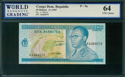 Congo Democratic Republic, P-09a, 10 Makuta, 2.1.1967, Signatures: A. Mbamu, 64 UNC Choice