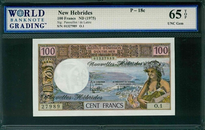 New Hebrides, P-18c, 100 Francs, ND (1975), Signatures: Panouillot/de Lattre, 65 TOP UNC Gem