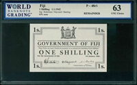 Fiji, P-048r1, REMAINDER, 1 Shilling, 1.1.1942, Signatures: Robertson/Hayward/Banting, 63 UNC Choice