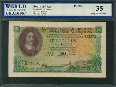 South Africa, P-096c, 5 Pounds, 2.3.1954, Signatures: M.H. de Kock, 35 Very Fine Choice
