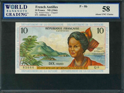 French Antilles, P-8b, 10 Francs, ND (1966), Signatures: Postel-Vinay/Clappier, 58 About UNC Choice