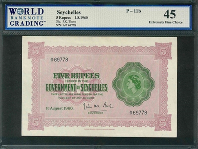 Seychelles, P-11b , 5 Rupees, 1.8.1960, Signatures: J.K. Thorp, 45 Extremely Fine Choice