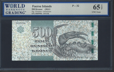 Faeroe Islands, P-32, 500 Kronur, (20)11, Signatures: Knudsen/Johannesen, 65 TOP UNC Gem