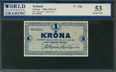 Iceland, P-18a, 1 Krona, 1900 (1922-23), Signatures: Magnusson/Sigurdsson, 53 About UNC