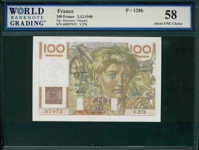 France, P-128b, 100 Francs, 2.12.1948, Signatures: Rousseau/Gargam, 58 About UNC Choice