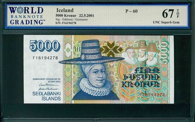 Iceland, P-60, 5000 Kronur, 22.5.2001, Signatures: Oddsson/Guonason, 67 TOP UNC Superb Gem