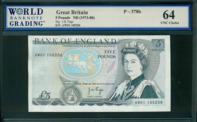 Great Britain, P-378b, 5 Pounds, ND (1973-80), Signatures: J.B. Page, 64 UNC Choice