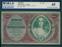 Austria, P-079, 5000 Kronen, 2.1.1922, Signatures: von Spitzmuller/Medinger/von Rapp, 45 Extremely Fine Choice