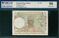 French West Africa, P-26, 5 Francs, 2.3.1943, Signatures: Keller/Poilay, 50 About UNC