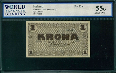 Iceland, P-22e, 1 Krona, 1941 (1944-45), Signatures: J. Moller, 55Q About UNC