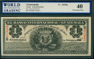 Guatemala, P-S152b, 1 Peso, 2.10.1916/1914, Signatures: three unidentified, 40 Extremely Fine