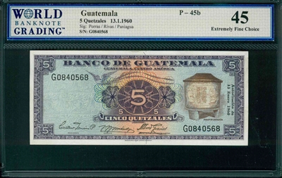 Guatemala, P-45b, 5 Quetzales, 13.1.1960, Signatures: Porras/Rivas/Paniagua, 45 Extremely Fine Choice