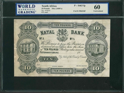 South Africa, P-S463 fp, 10 Pounds, 18xx (1850's), Signatures: unsigned, 60 Uncirculated, FACE PROOF, COMMENT: pencil graffiti back