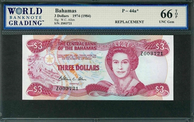 Bahamas, P-44a*, 3 Dollars, 1974 (1984), Signatures: W.C. Allen, 66 TOP UNC Gem, REPLACEMENT