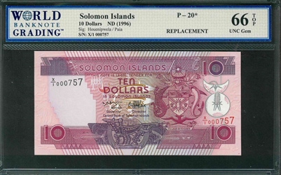 Solomon Islands, P-20*, 10 Dollars, ND (1996), Signatures: Houenipwela/Paia, 66 TOP UNC Gem, REPLACEMENT
