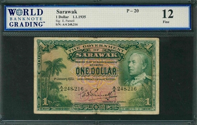 Sarawak, P-20, 1 Dollar, 1.1.1935, Signatures: E. Parnell, 12 Fine