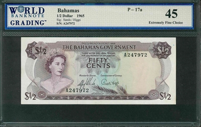 Bahamas, P-17a, 1/2 Dollar, 1965, Signatures: Sands/Higgs, 45 Extremely Fine Choice