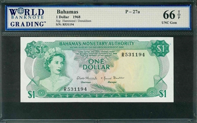Bahamas, P-27a, 1 Dollar, 1968, Signatures: Hammond/Donaldson, 66 TOP UNC Gem