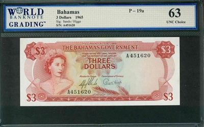 Bahamas, P-19a, 3 Dollars, 1965, Signatures: Sands/Higgs, 63 UNC Choice
