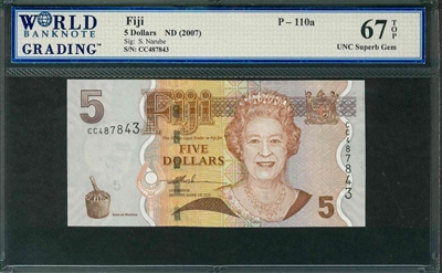Fiji, P-110a, 5 Dollars, ND (2007), Signatures: S. Narube, 67 TOP UNC Superb Gem