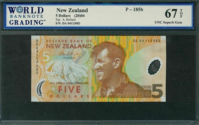 New Zealand, P-185b, 5 Dollars, (20)04, Signatures: A. Bollard, 67 TOP UNC Superb Gem