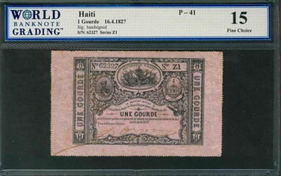 Haiti, P-041, 1 Gourde, 16.4.1827, Signatures: handsigned, 15 Fine Choice, COMMENT: pinholes
