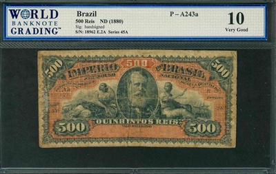 Brazil, P-A243a, 500 Reis, ND (1880), Signatures: handsigned, 10 Very Good, COMMENT: tape