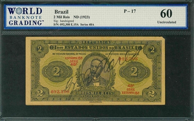 Brazil, P-017, 2 Mil Reis, ND (1923), Signatures: handsigned, 60 Uncirculated, COMMENT: missing tip