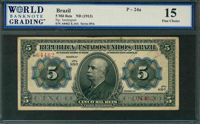 Brazil, P-024a, 5 Mil Reis, ND (1913), Signatures: handsigned, 15 Fine Choice