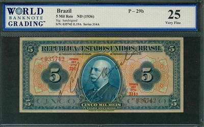 Brazil, P-029b, 5 Mil Reis, ND (1936), Signatures: handsigned, 25 Very Fine