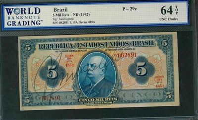 Brazil, P-029c, 5 Mil Reis, ND (1942), Signatures: handsigned, 64 TOP UNC Choice