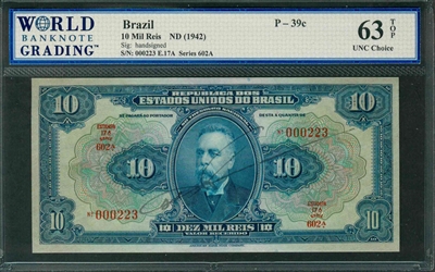 Brazil, P-039c, 10 Mil Reis, ND (1942), Signatures: handsigned, 63 TOP UNC Choice