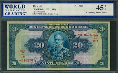 Brazil, P-048d, 20 Mil Reis, ND (1936), Signatures: handsigned, 45 TOP Extremely Fine Choice
