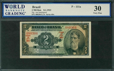 Brazil, P-111a, 2 Mil Reis, 8.1.1923, Signatures: one handsigned, 30 Very Fine, COMMENT: blue ink spots
