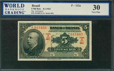 Brazil, P-112a, 5 Mil Reis, 8.1.1923, Signatures: handsigned, 30 Very Fine