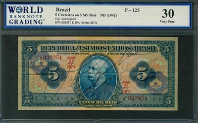 Brazil, P-125, 5 Cruzeiros on 5 Mil Reis, ND (1942), Signatures: handsigned, 30 Very Fine