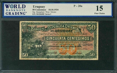 Uruguay, P-20a, 50 Centesimos, 18.10.1934, Signatures: Bacigalupi/West/Morato, 15 Fine Choice, COMMENT: graffiti