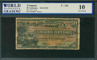 Uruguay, P-20b, 50 Centesimos, 18.10.1934, Signatures: West/Puig, 10 Very Good