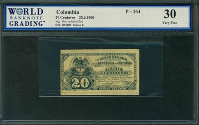 Colombia, P-264, 20 Centavos, 25.3.1900, Signatures: four unidentifed, 30 Very Fine