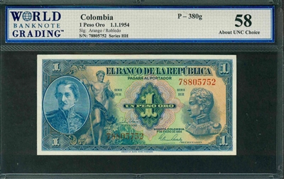 Colombia, P-380g, 1 Peso Oro, 1.1.1954, Signatures: Arango/Robledo, 58 About UNC Choice