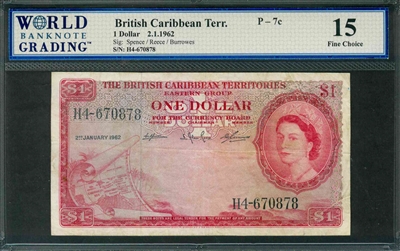 British Caribbean Territory, P-07c, 1 Dollar, 2.1.1962, Signatures: Spence/Reece/Burrowes, 15 Fine Choice