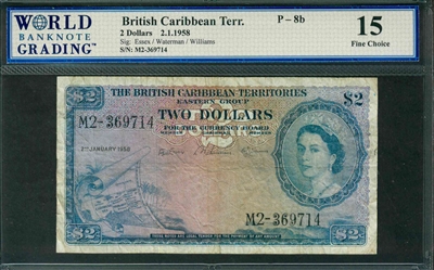 British Caribbean Territory, P-08b, 2 Dollars, 2.1.1958, Signatures: Essex/Waterman/Williams, 15 Fine Choice