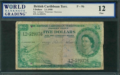 British Caribbean Territory, P-09b, 5 Dollars, 2.1.1958, Signatures: Lartigue/Waterman/Burrowes, 12 Fine