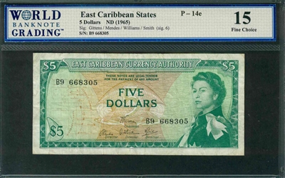 East Caribbean States, P-14e, 5 Dollars, ND (1965), Signatures: Gittens/Mendes/Williams/Smith (sig. 6), 15 Fine Choice