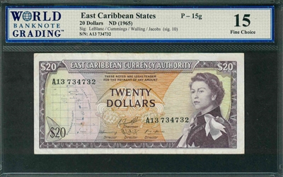 East Caribbean States, P-15g, 20 Dollars, ND (1965), Signatures: LeBlanc/Cummings/Walling/Jacobs (sig. 10), 15 Fine Choice, COMMENT: staple holes