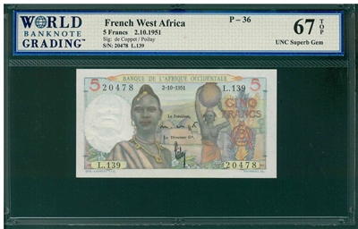 French West Africa, P-36, 5 Francs, 2.10.1951, Signatures: de Coppet/Poilay, 67 TOP UNC Superb Gem
