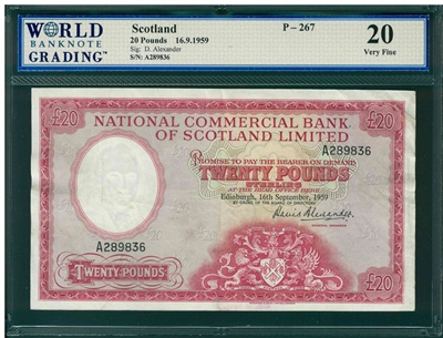 Scotland, P-267, 20 Pounds, 16.9.1959, Signatures: D. Alexander, 20 Very Fine